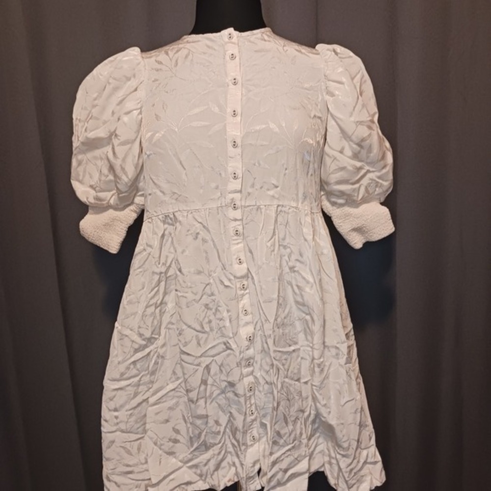 Coquette Cottagecore Babydoll Retro Dress Cream Floral Brocade Puff Sleeve M